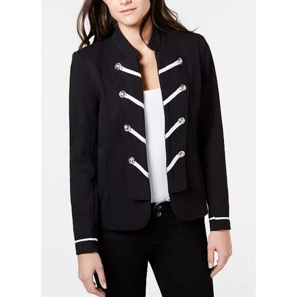 XL Tommy Hilfiger Black White Band Jacket Military Silver Button Statement Punk - Picture 1 of 9